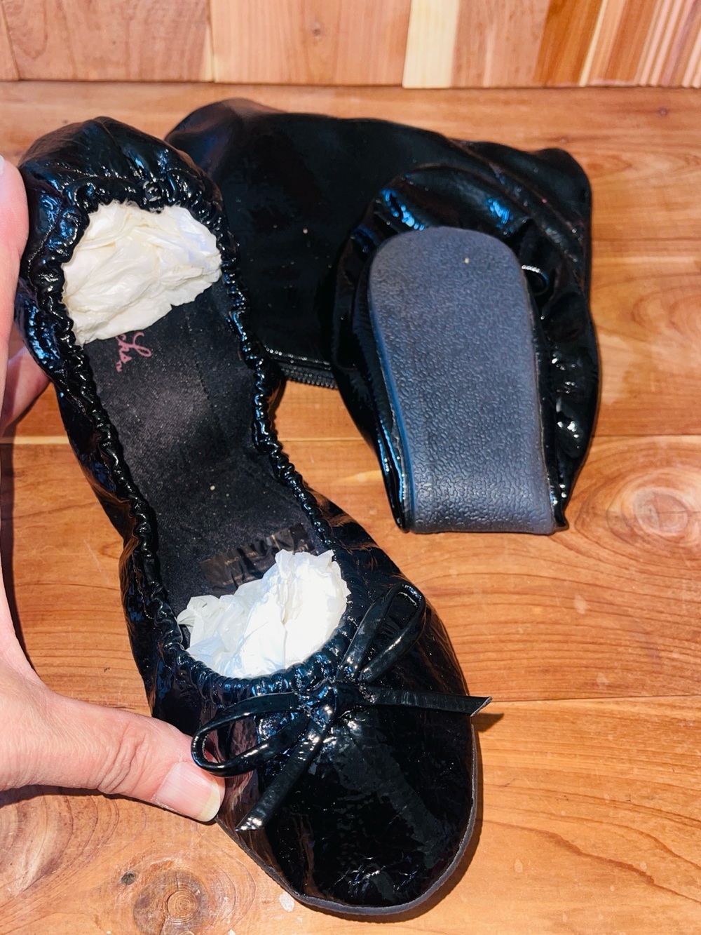 NWOT Sidekicks Blk Patent Foldable Ballet Flats Women's Slip-On Comfort XL 10/11